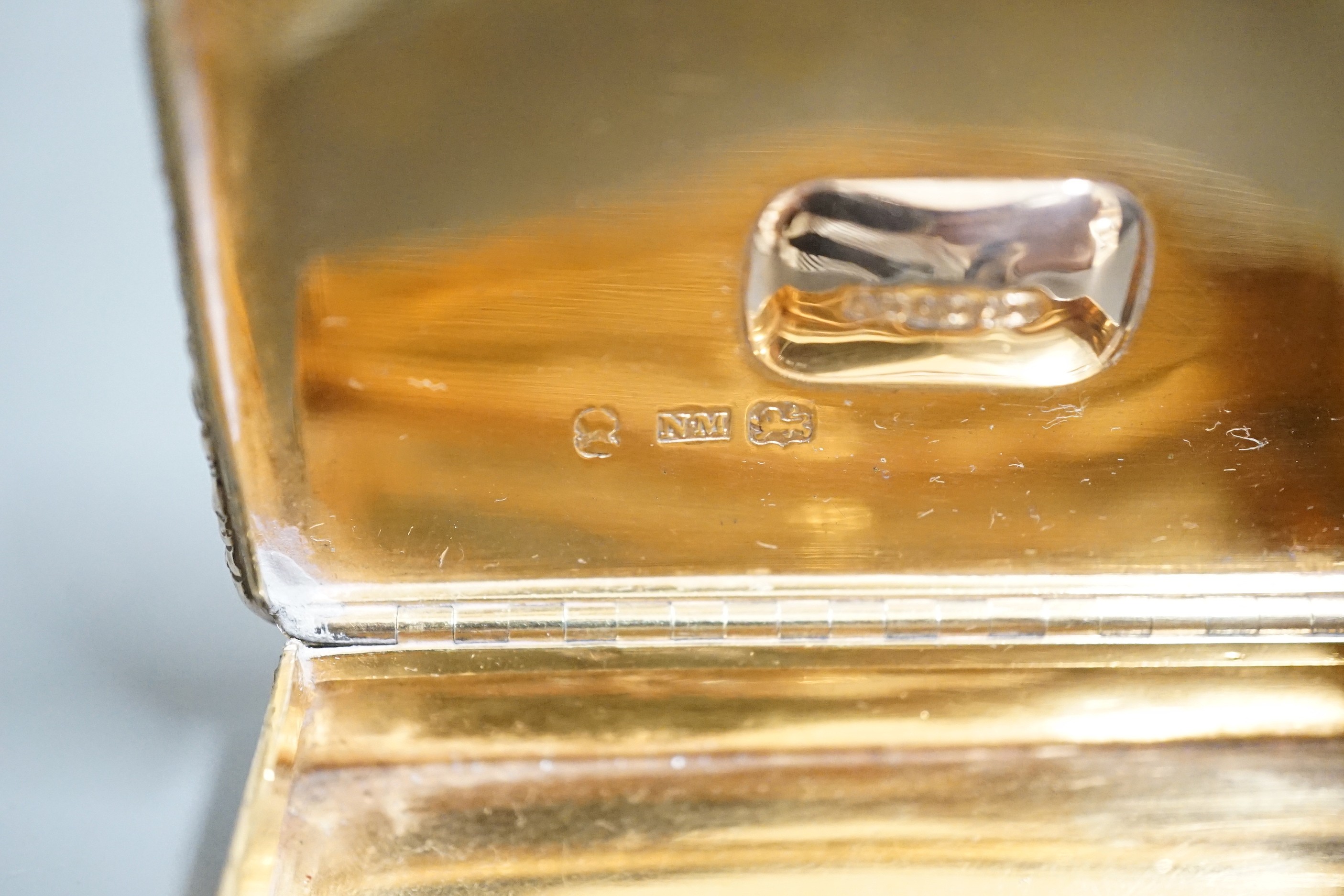 A William IV silver and citrine mounted rectangular snuff box, by Nathaniel Mills, Birmingham, 1830, with engraved inscription, 83mm.